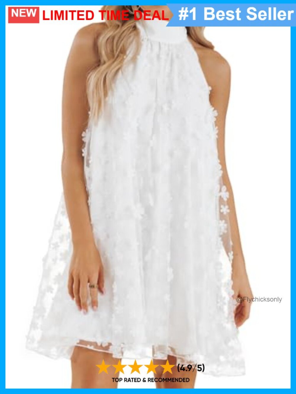 Womens Halter Mock Neck Mini A-Line Chiffon Dress 3D Floral Wedding Guest